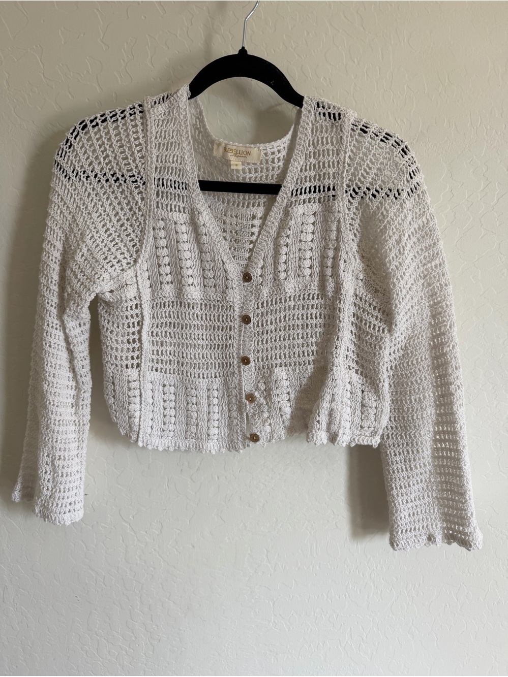 Rebellion white Crochet Cropped Cardigan Sweater Boho Bell Sleeve S